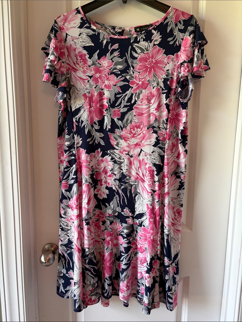 N Touch Navy Midi Dress with Pink & White Floral Print